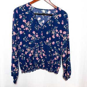 Womens XL Floral Blouse Navy Boho Peasant Top Smocked Waist Button Front